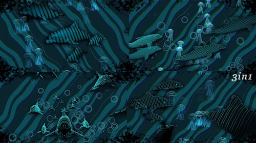Abstract Ocean Animation with Colorful Dolphins and Jellyfish