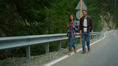 Happy Friends Walking Road in Mountains Nature