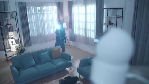 Masked Person with Flashlight Walks in Living Room