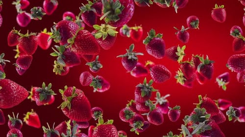 Strawberry with Slices Falling on Deep Red Background
