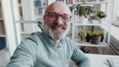 Cheerful Senior Businessman Chatting on Online Call in Office