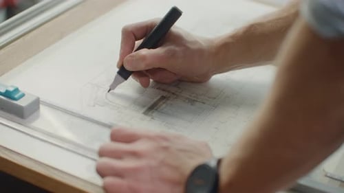 Nahaufnahme von Architektenhänden, die Hauspläne im Büro in der Nähe des Fensters erstellen