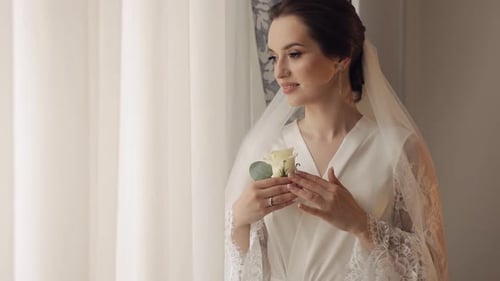 Elegant Bride Holding Rose Near Window on Wedding Day