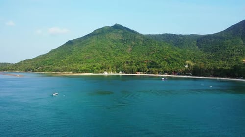 Aerial view travel of idyllic island beach voyage by shallow water with clean sandy background of a