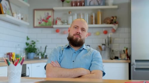 Webcam View of Bearded Man Looking at Camera Making Conference Video Chat Ecoaching Talking Online