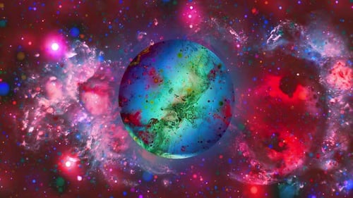 Abstract Colorful Planet in Cosmic Nebula with Swirling Paint