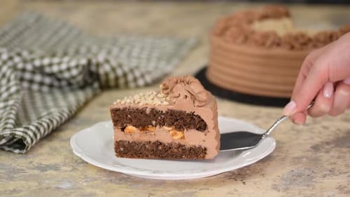 Serving Slice of Chocolate Layer Cake on Plate