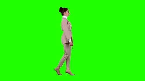 Business Lady Is Going To a Meeting. Green Screen. Side View. Slow Motion