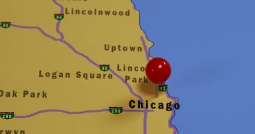 Red Pin Marks Chicago on Illinois Road Map