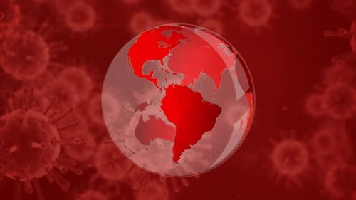 Animation of red corona virus with world globe in background