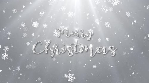 Sparkling Merry Christmas Text with Falling Snowflakes Background