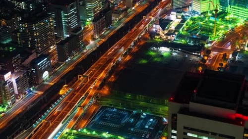 time lapse of traffic and city night view at Yokohama, Japan