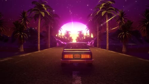 Retro Synthwave Drive with Neon Sunset and Palm Trees