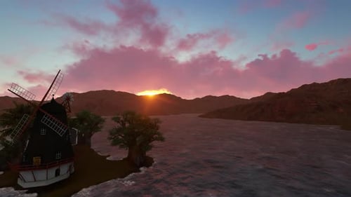 Animated Sunset Landscape with Island Windmill and Lake