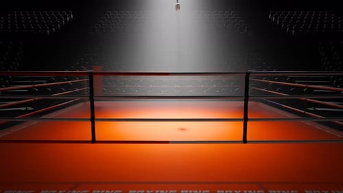 Animation with metal vintage microphone above the boxing ring. Fog and spotlight