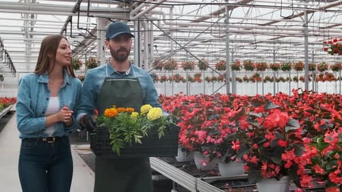 Flower Growers Walking in Greenhouse