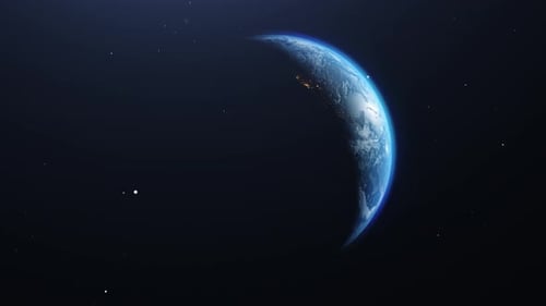 3D Earth from space. The camera flies away from the Earth. Stars twinkle.