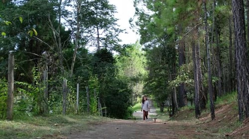 A woman walking into the woods