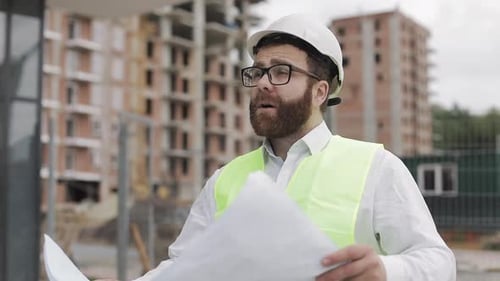 Architect Man Walking on the Construction Site and Analyzing Scheme Project Plan
