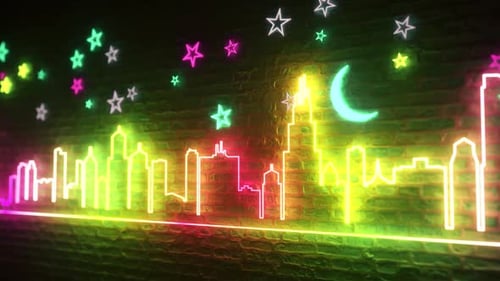 Shimmering Neon Night City Against a Brick Wall with Stars and the Moon. Night City Concept