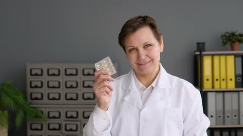 Smiling Doctor Holding Pills in Office Setting