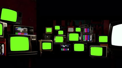 Different Types of TV Sets with Green Screens, Noise, and Test Patterns - 4K