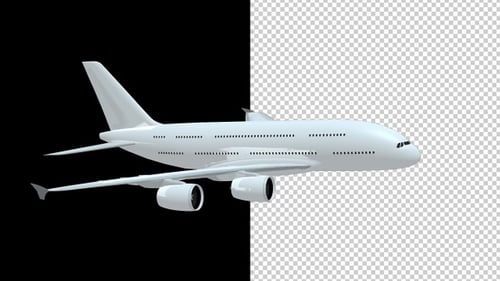 Modern 3D Passenger Jet Flying and Rotating on Alpha Channel