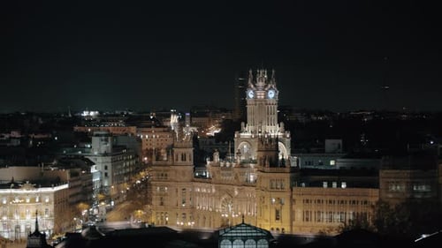 Cybele Palace night view in Madrid, Spain