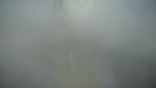 Atmospheric Aerial Close-up Shot of Mysterious Mont Saint Michel Island Castle Abbey Covered By Dark