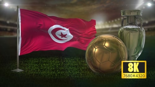 Waving Tunisia Flag with Golden Soccer Ball and Championship Trophy