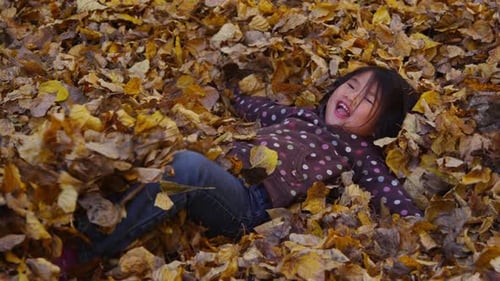 Laughing Child Lies in Colorful Autumn Leaves