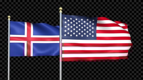 Iceland and USA Flags Waving on Alpha Channel