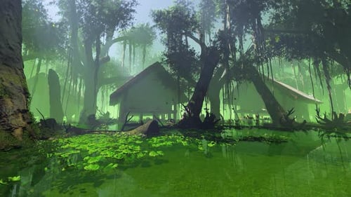 Mystical Swamp Environment with Glowing Fireflies and Jungle Trees