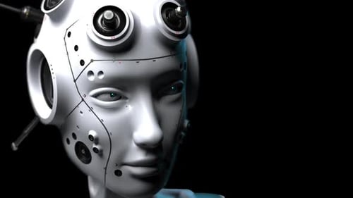 Three-quarter shot of a robot's head.