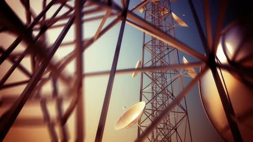 Endless animation of communication tower with uprising camera. Loopable. HD