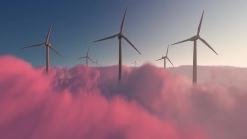 Modern Wind Turbines in Pink Clouds Generating Clean Energy