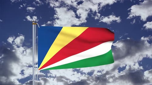 Realistic Seychelles Flag Waving on a Pole with Blue Sky
