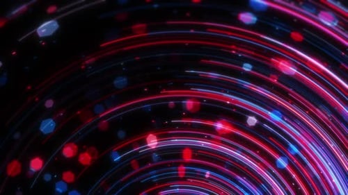 Abstract Neon Red and Blue Concentric Lines with Hexagon Particles