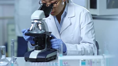 Female Scientist Working with Microscope in Laboratory