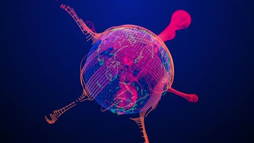 Futuristic Digital Globe Transforms into Abstract Wireframe Virus