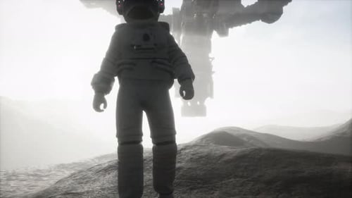 Astronaut Standing on Alien Planet with Spaceship Hovering Above