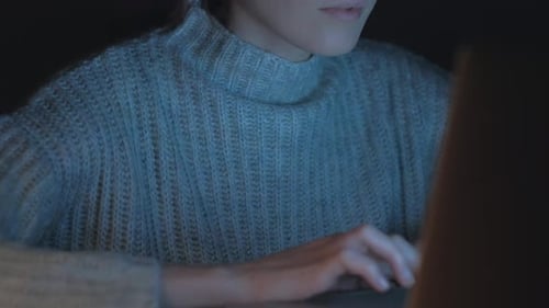 Attractive Female use smartphone at night. Close up. 4k.