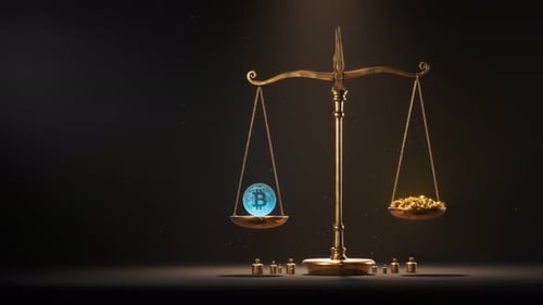 Antique Jewelry scale with gold nuggets and Bitcoin .Balance, wealth, crypto