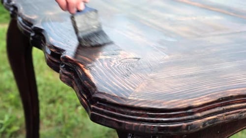 Brush Applying Protective Coating on Wood Table