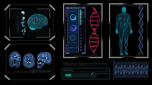 Futuristic Medical Scan HUD Interface with Human Body and DNA