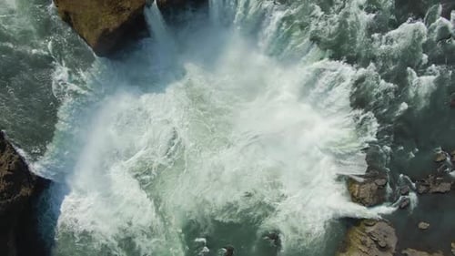 Godafoss Waterfall. Iceland. Aerial Top-Down View