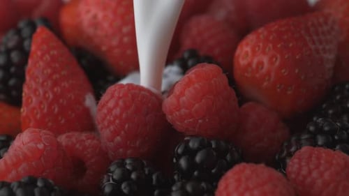 Pouring Cream Over Delicious Fresh Berries Close Up