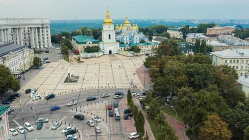 Saint Michael's Golden-Domed Monastery in Kiev. Aerial Time Lapse. Hyperlapse