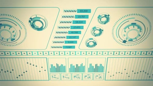 Advanced futuristic graphic interface. Sisplays abstract diagrams and charts.