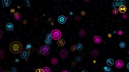 Glowing Neon Technology Icons Animated Background